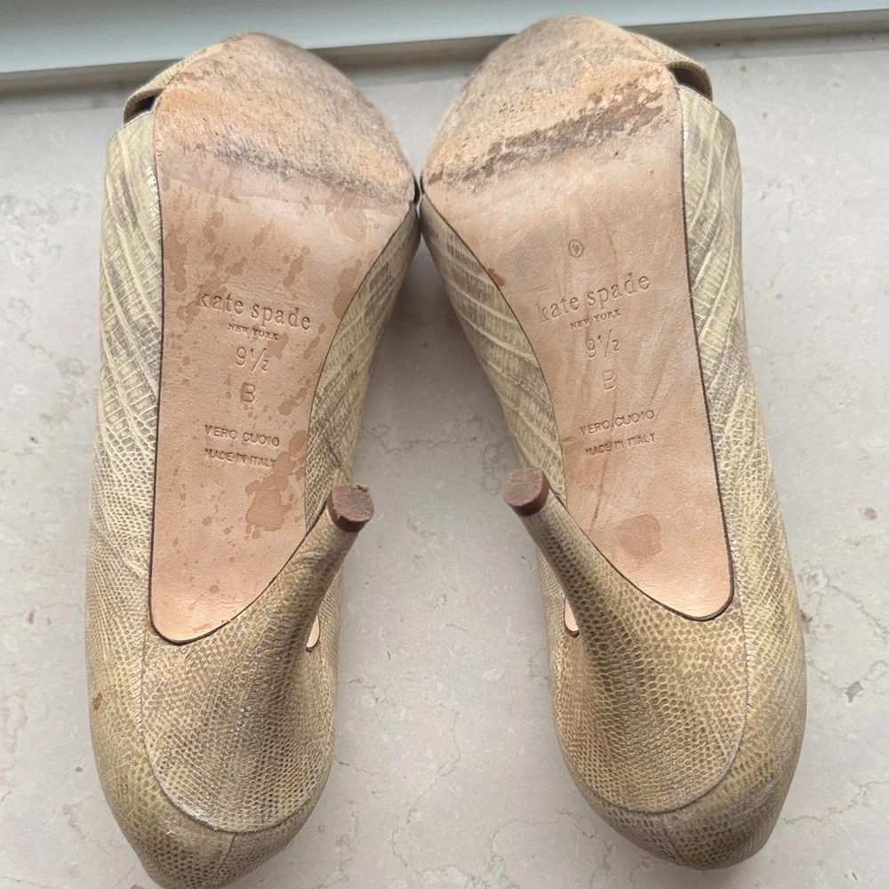 Kate Spade Faux Lizard Gold Peep Toe Heels